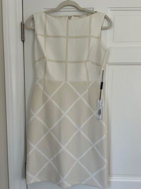 Elie Tahari Cream and Beige Windowpane Sheath Midi Dress